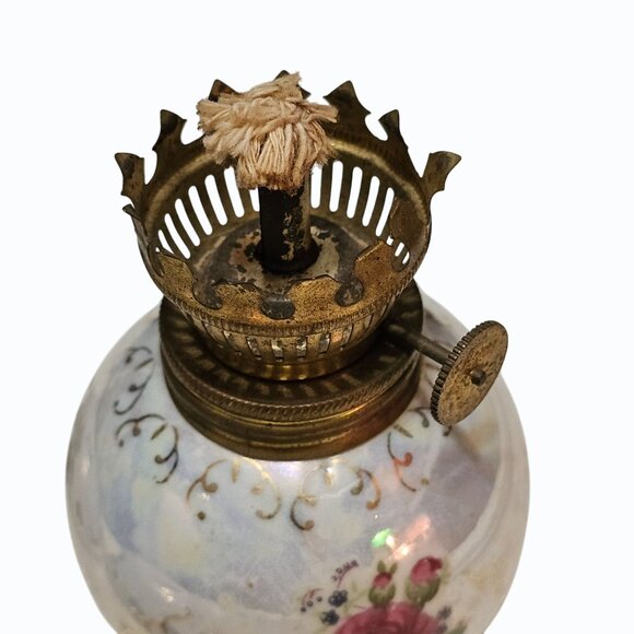 Vtg Lot  Japan Mini 4" Porcelain Kerosene Oil Lamp Roses Base Plus 2 Bobeches - Picture 4 of 11